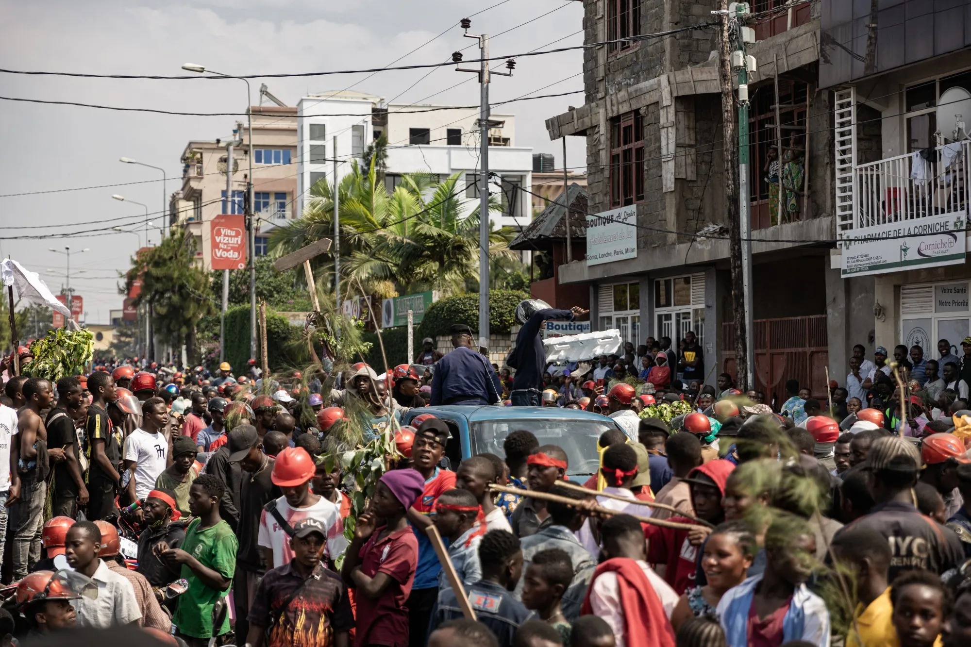 Demonstrators near the border between&nbsp;Congo and Rwanda during a protest in Goma on June 15.