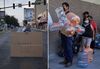 A photo of a woman holding a cardboard protest sign. A photo of people standing in line with empty plastic water jugs.