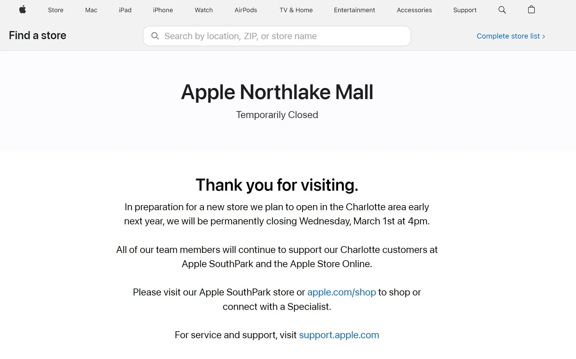 Apple&nbsp;updated its website&nbsp;to show that the location — at the Northlake Mall in Mecklenburg County — would be shuttered permanently.