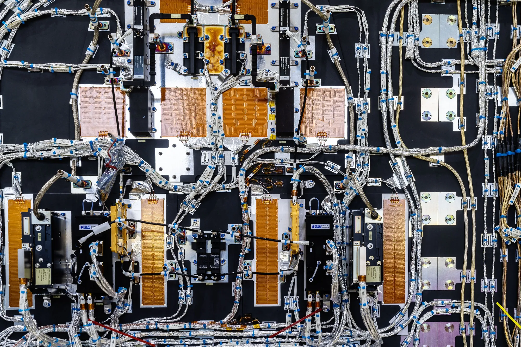 Circuit boards and cables sit of a satellite&nbsp;at&nbsp;the OHB SE clean rooms in Bremen, Germany.