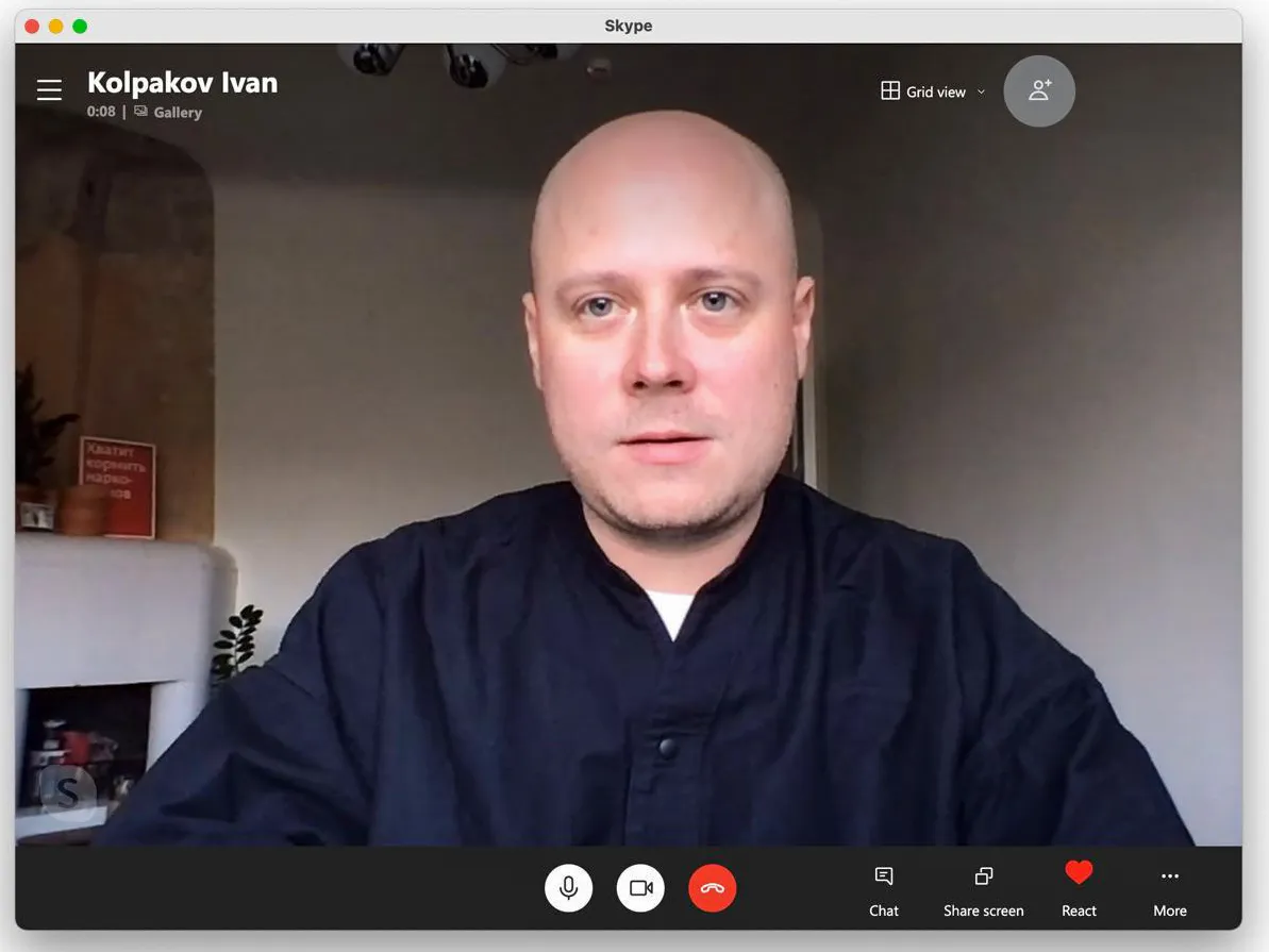 Ivan Kolpakov, editor-in-chief of Meduza, on a video call.