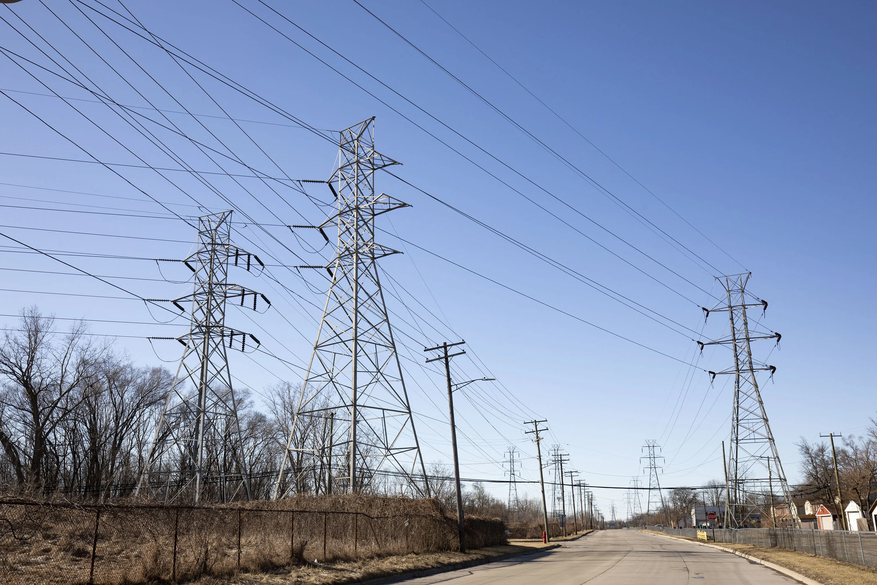 High-voltage transmission towers&nbsp;in River Rouge, Michigan.