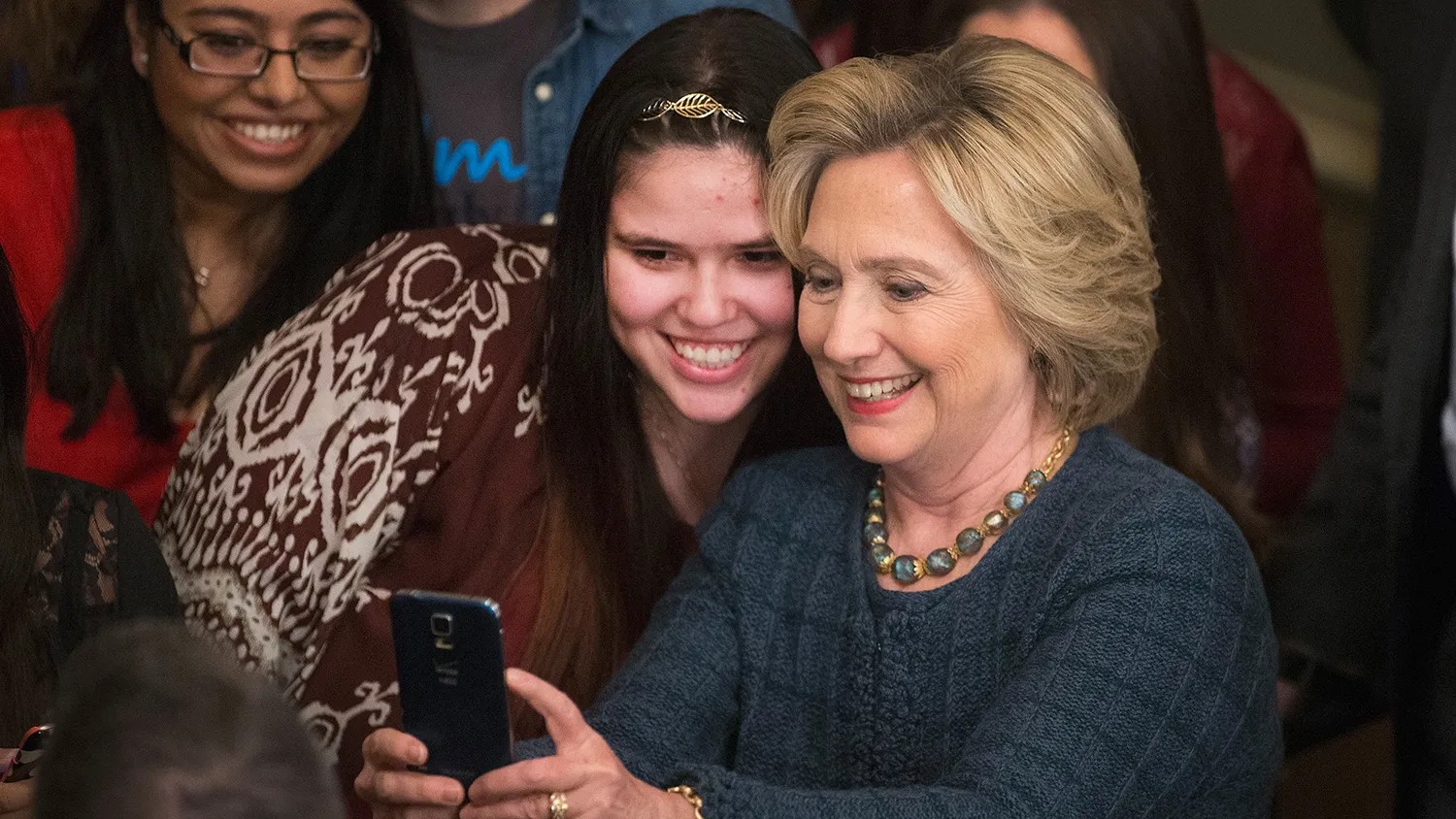 Democratic presidential candidate Hillary Clinton greets guests gathered for a town hall meeting at the Orpheum Theater on Jan. 5, 2016, in Sioux City, Iowa.
