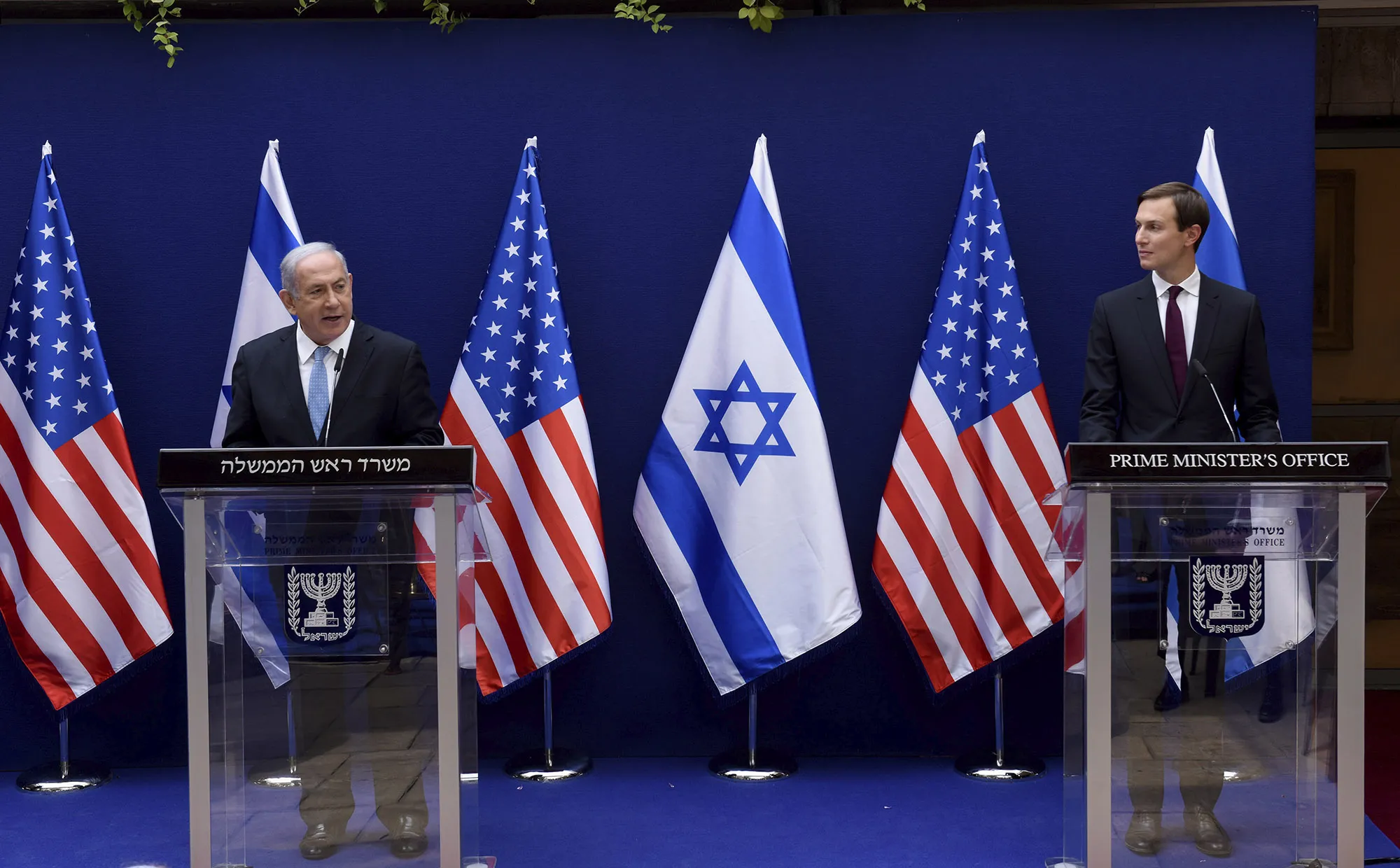 Benjamin Netanyahu and Jared Kushner make joint statements in Jerusalem, Aug. 30.