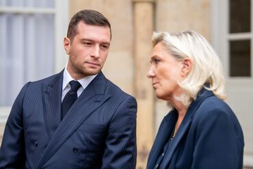 Jordan Bardella and Marine Le Pen after meeting Francois Bayrou in Paris on Sept. 2. 