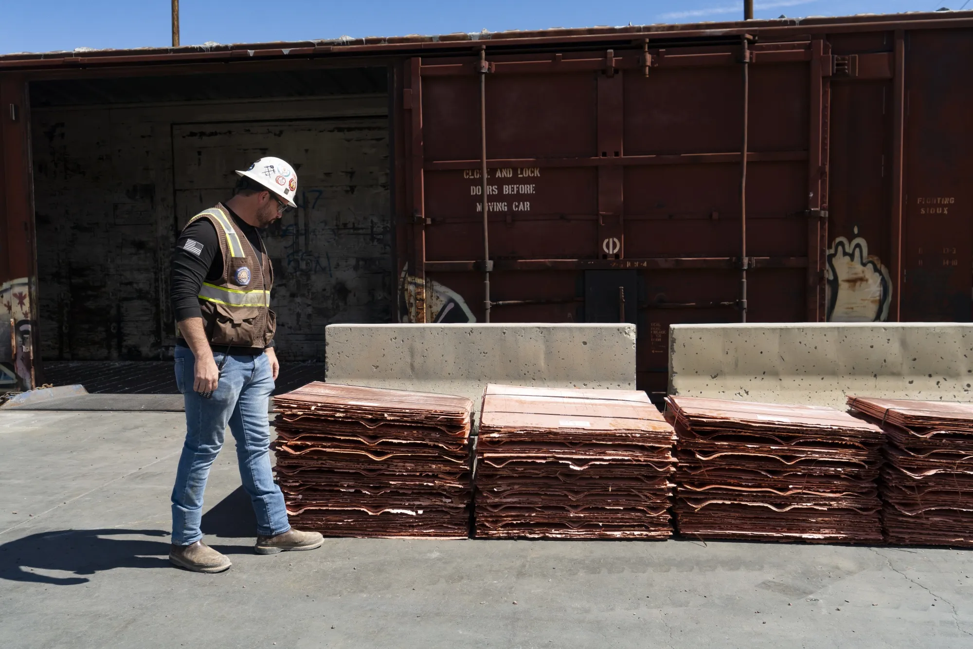 Bundles of copper cathode sheets at the hydromat plant within the Freeport-McMoRan open-pit copper mining complex in Morenci, Arizona.
