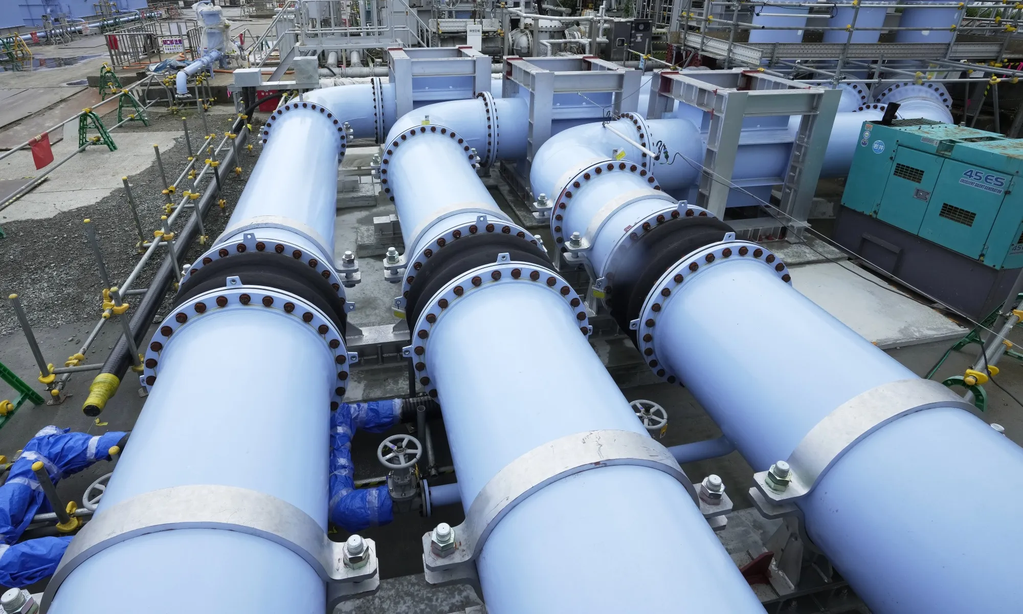 Pipes at the advanced liquid processing system (ALPS), used for treating accumulated contaminated water, during a media tour at Tokyo Electric Power Co's (TEPCO) Fukushima Dai-Ichi nuclear power plant in Futaba, Fukushima, Japan, on July 21, 2023.