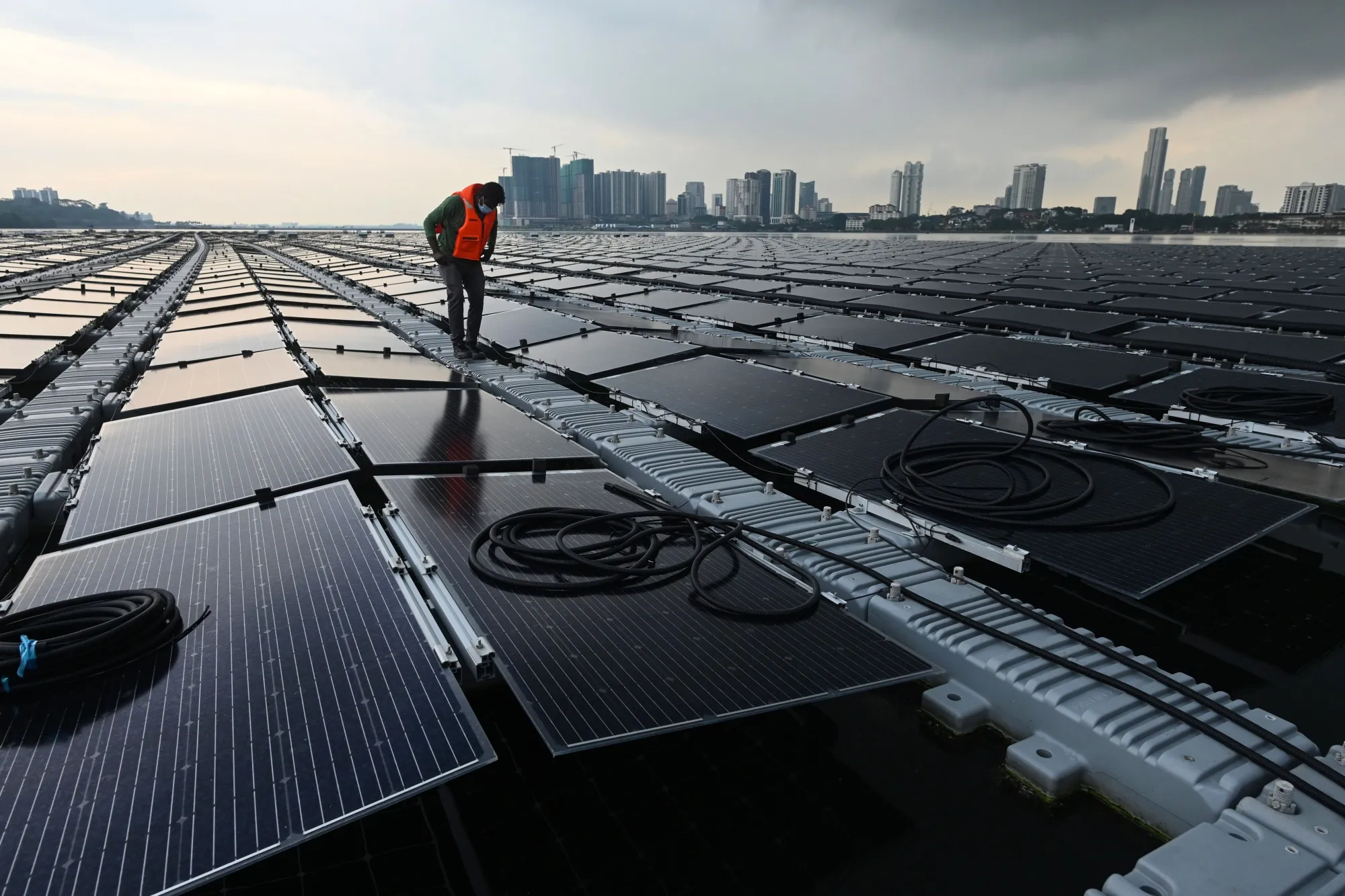 A floating solar power farm off Singapore’s northern coast.
