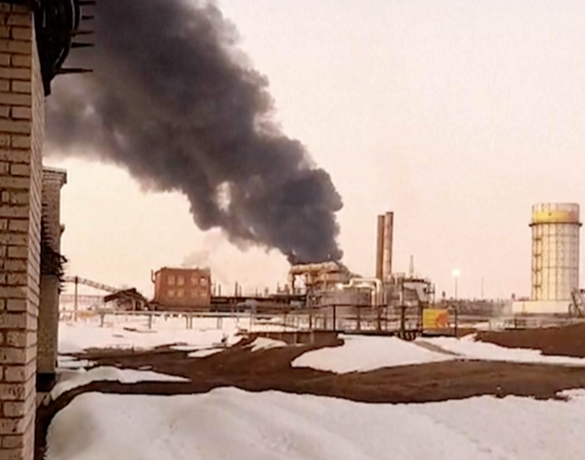 Smoke rises from the Ryazan refinery in Russia, in a video released by AP on March 13.