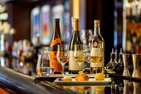 A sake flight at Bar 45, which has an international hotel feel.