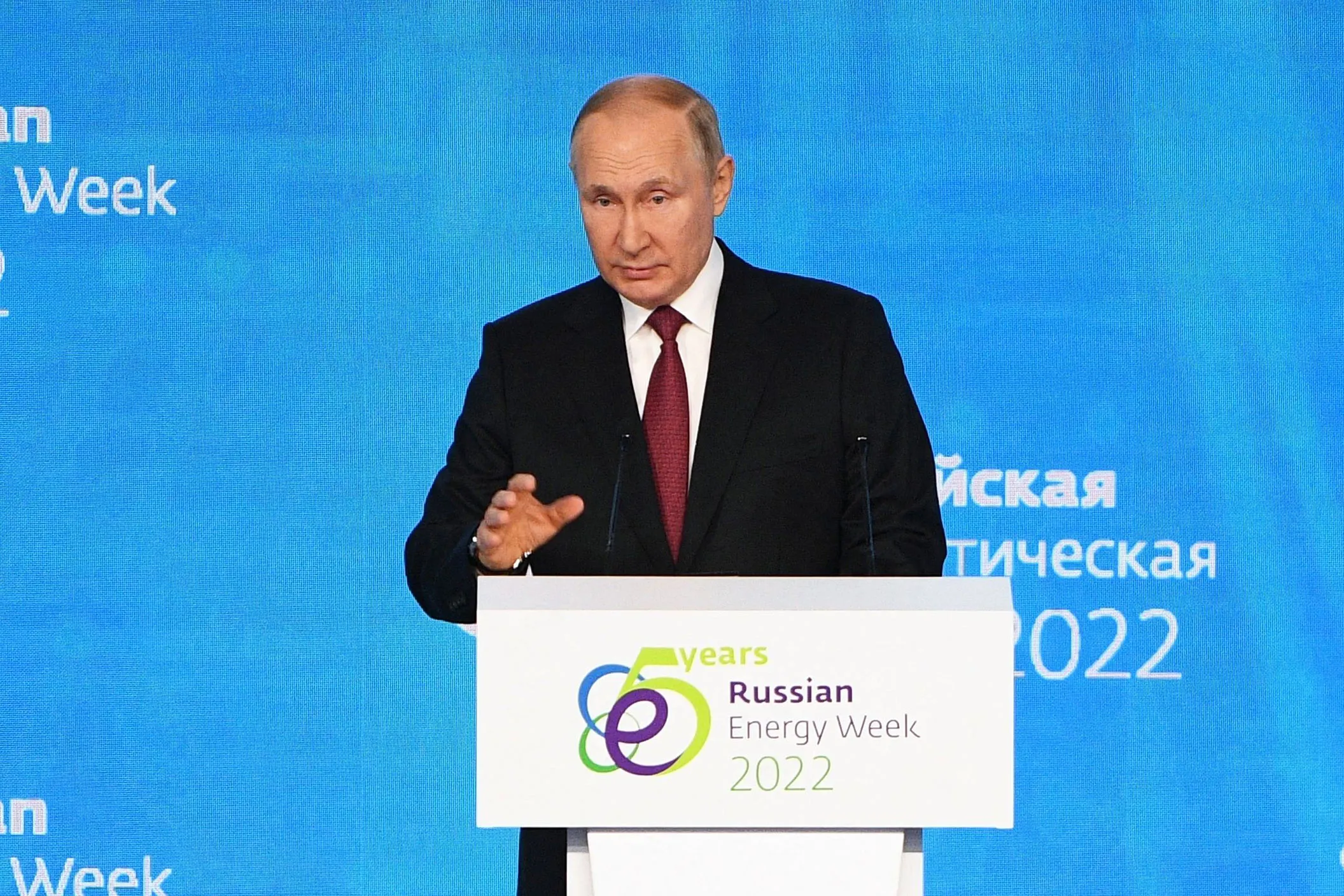 Russian President Vladimir Putin speaks during the Russian Energy Week forum in Moscow on Oct.&nbsp;12.