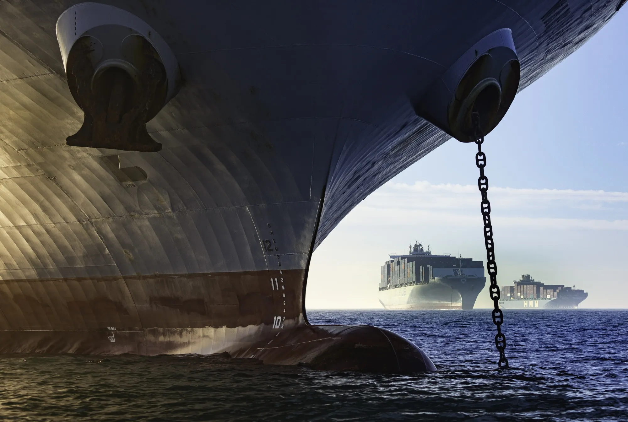 Container ships at anchor near the Port of Los Angeles.