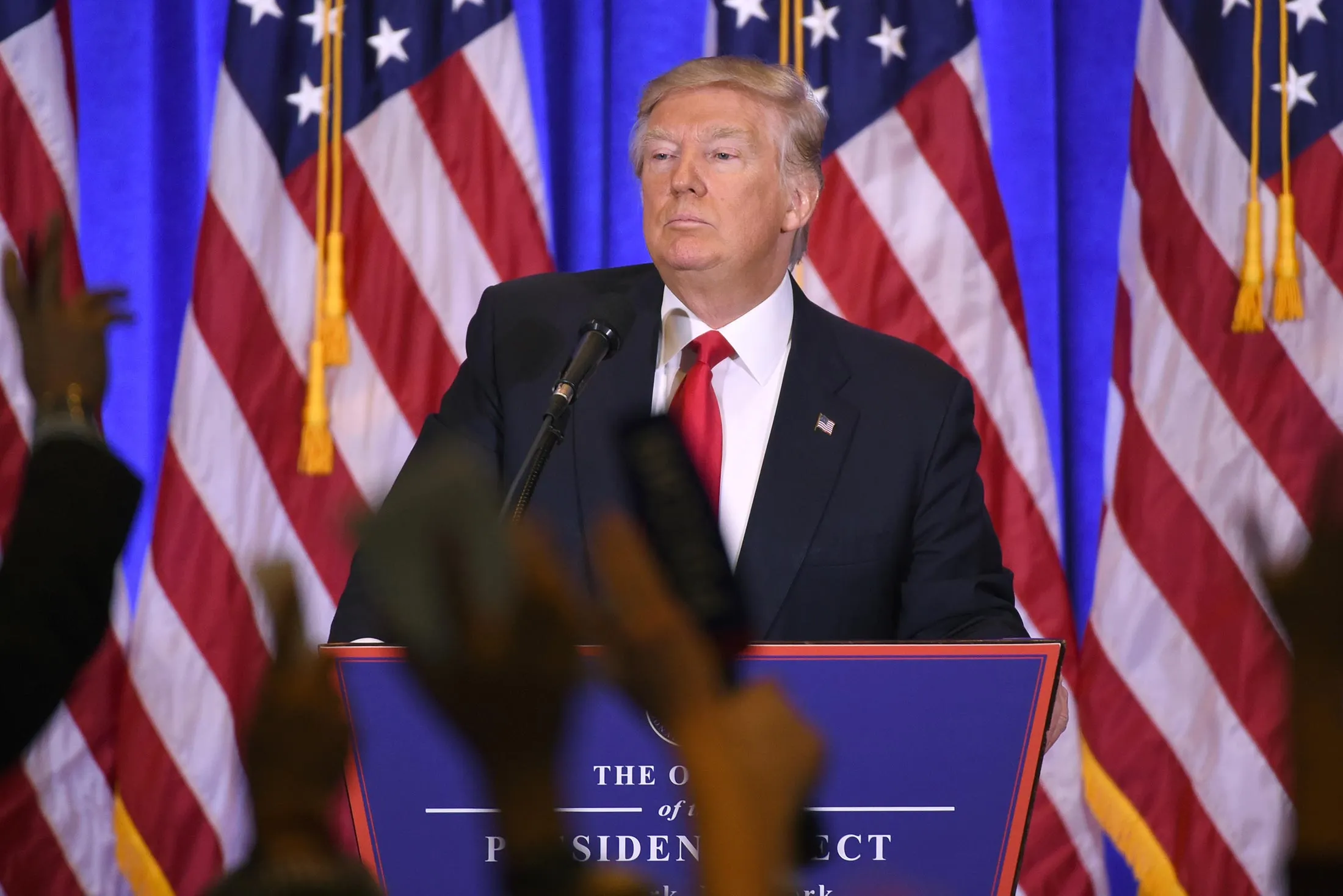 US President-elect Donald Trump answers journalists questions during a press conference on Jan. 11, in New York.
