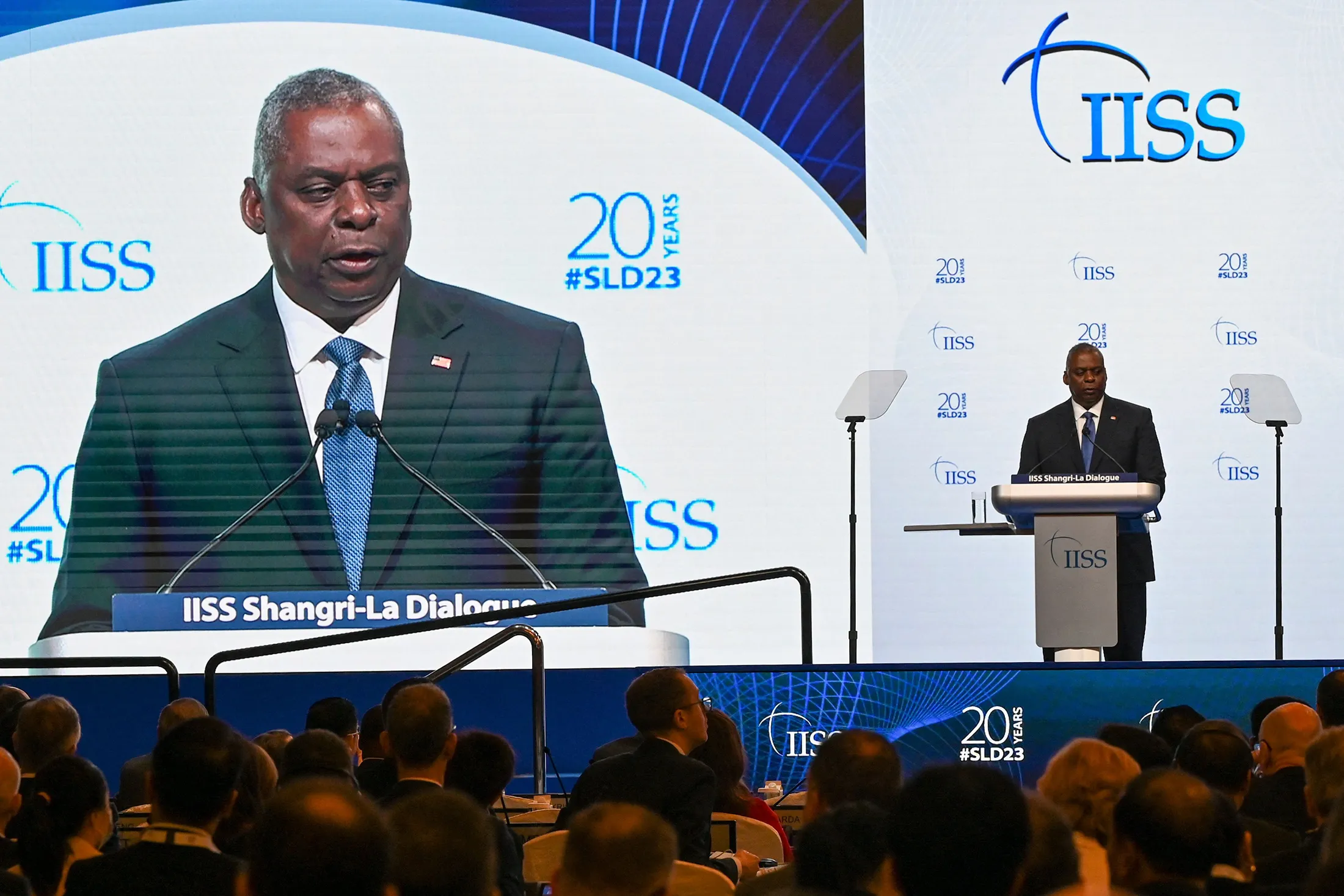 Lloyd Austin speaks during the 20th Shangri-La Dialogue summit in Singapore on June 3.