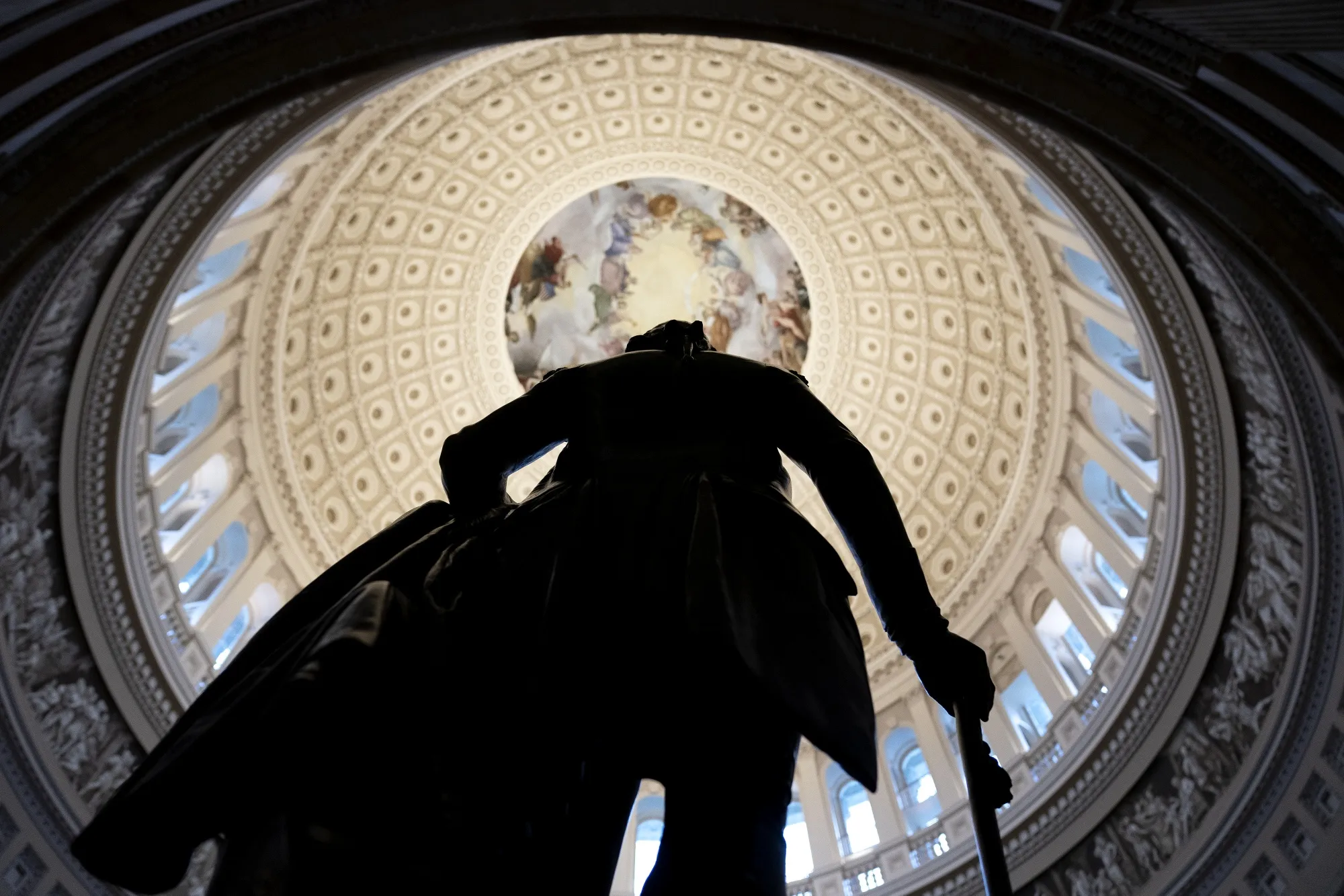 A statue of George Washington inside the Rotunda of the US Capitol in Washington, DC.&nbsp;