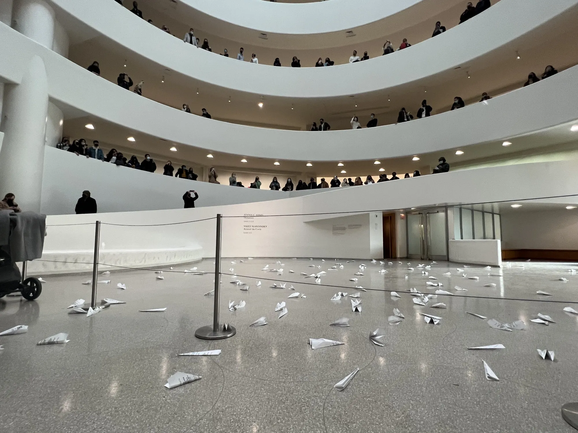 Museum patrons watch&nbsp;a “paper planes” protest organized by Ukrainian artists at the Solomon R. Guggenheim Museum in New York City on March 5, 2022.&nbsp;