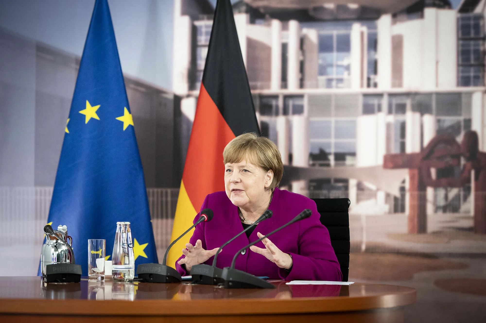 Merkel during a video conference with Emmanuel Macron at the Chancellor's Office on May 18.
