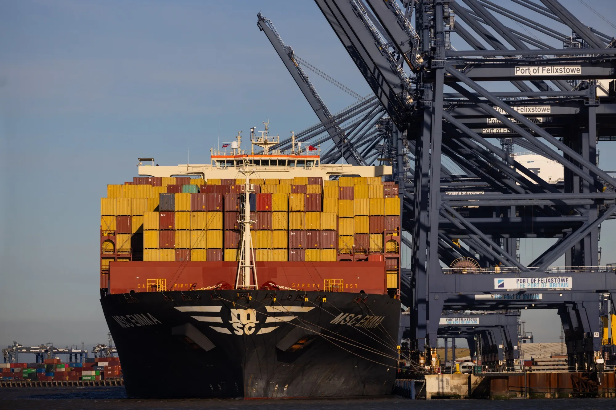 The MSC Emma container ship on the dockside at the Port of Felixstowe.