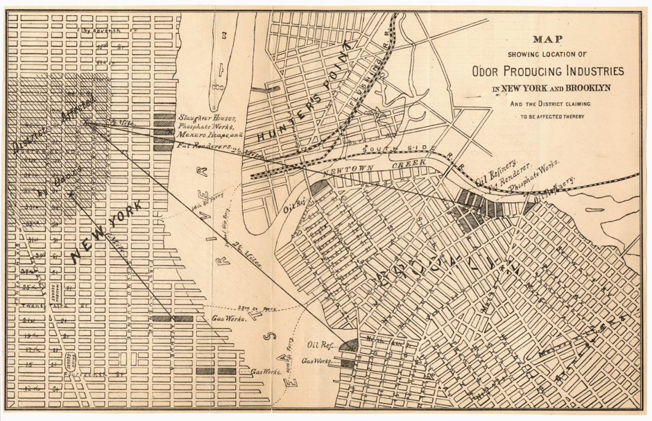 Map Showing Location of Odor Producing Industries of New York and Brooklyn, circa 1870