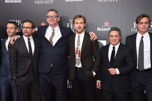 Jeremy Strong, Steve Carell, Adam McKay, Ryan Gosling, Brad Grey and Brad Pitt