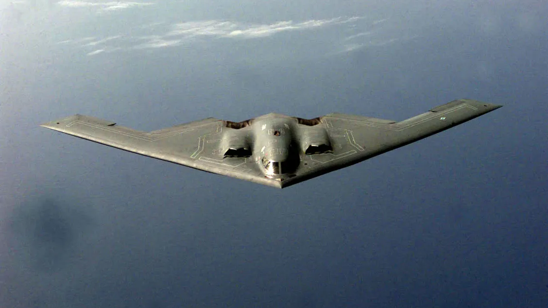 A B-2 Spirit bomber prepares to receive fuel from a KC-135 Stratotanker during a mission in the European theater supporting NATO Operation Allied Force.
