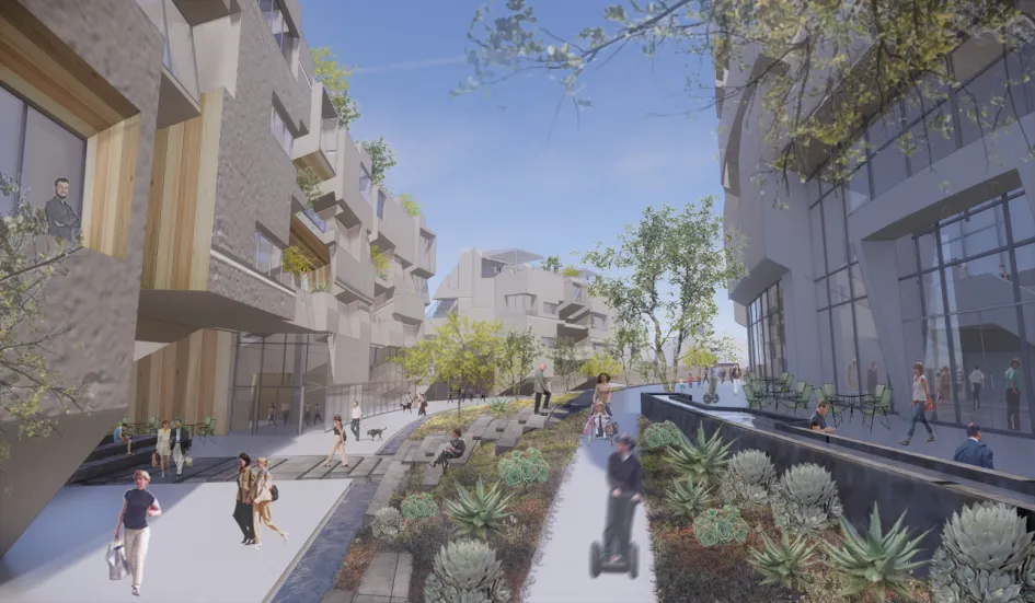 A rendering of pedestrians on a stroll through Blockchains’&nbsp;take on pop-up urban life in the Nevada high desert.&nbsp;
