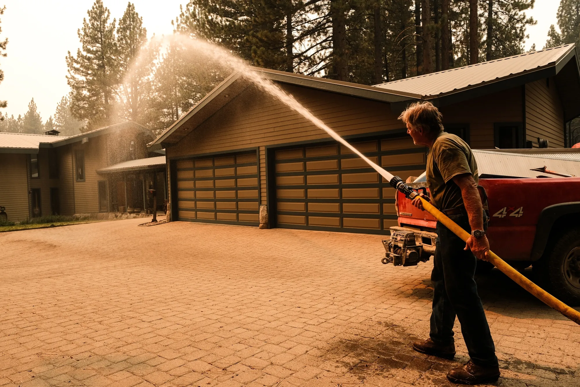 A man hoses his evacuated sister’s home as a preventative measure during the Caldor Fire in South Lake Tahoe, California, on Tuesday, Aug. 31, 2021.&nbsp;
