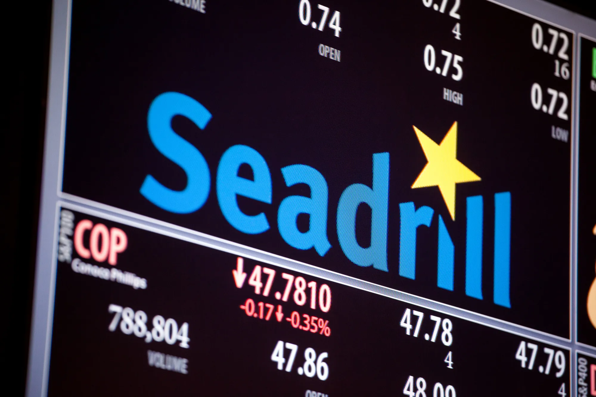 Seadrill Ltd. signage is displayed on a monitor on the floor of the New York Stock Exchange (NYSE) in New York, U.S., on Friday, April 21, 2017. U.S. stocks fluctuated, while Treasuries climbed as markets struck a cautious tone ahead France's presidential election.