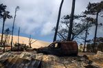 A burned out vehicle and remains of the Blue Waves campsite following wildfires in July. 