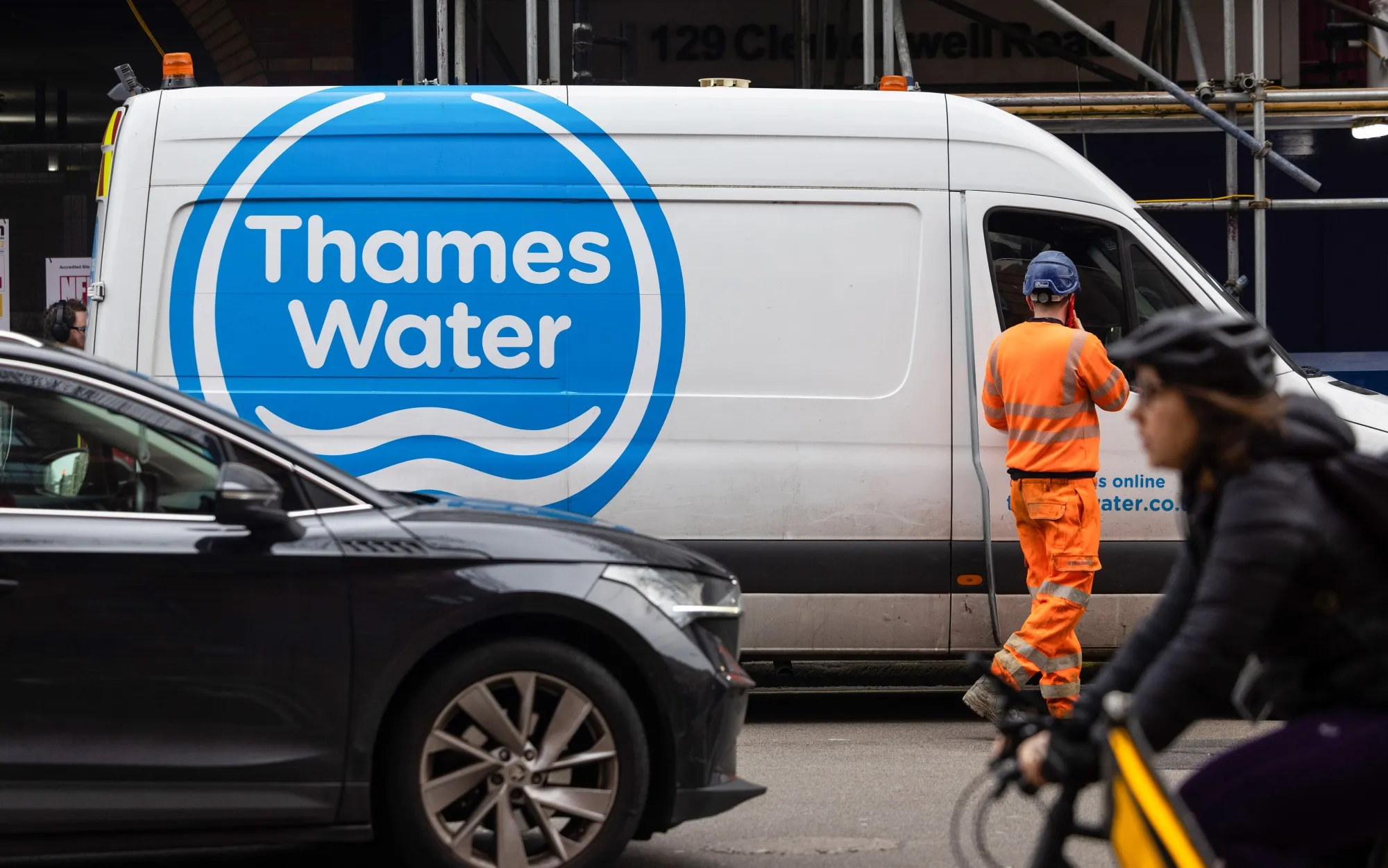 A Thames Water Ltd. van at a works location in London.
