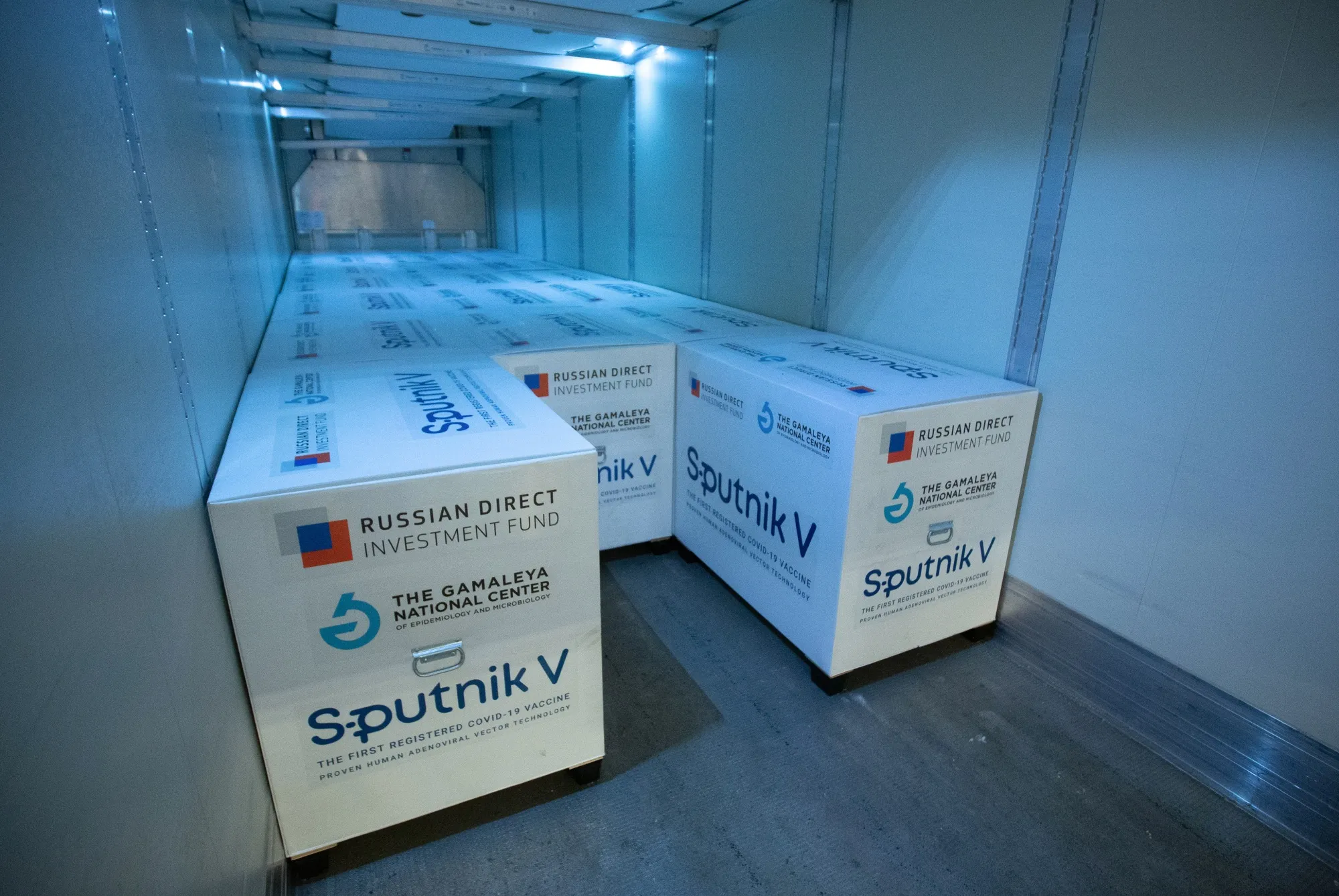 Boxes of Sputnik V Covid-19 vaccines&nbsp;at the cargo terminal at Sheremetyevo International Airport in Moscow.