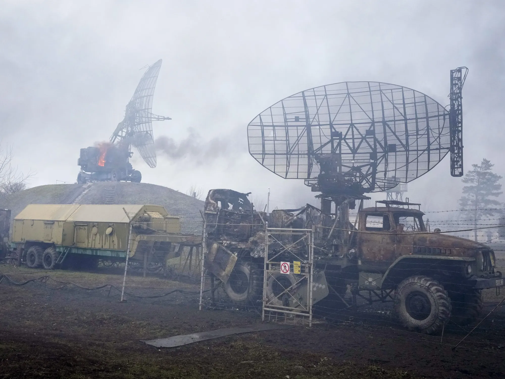 Damaged radar arrays and other&nbsp;equipment near Mariupol, Ukraine, on, Feb. 24.