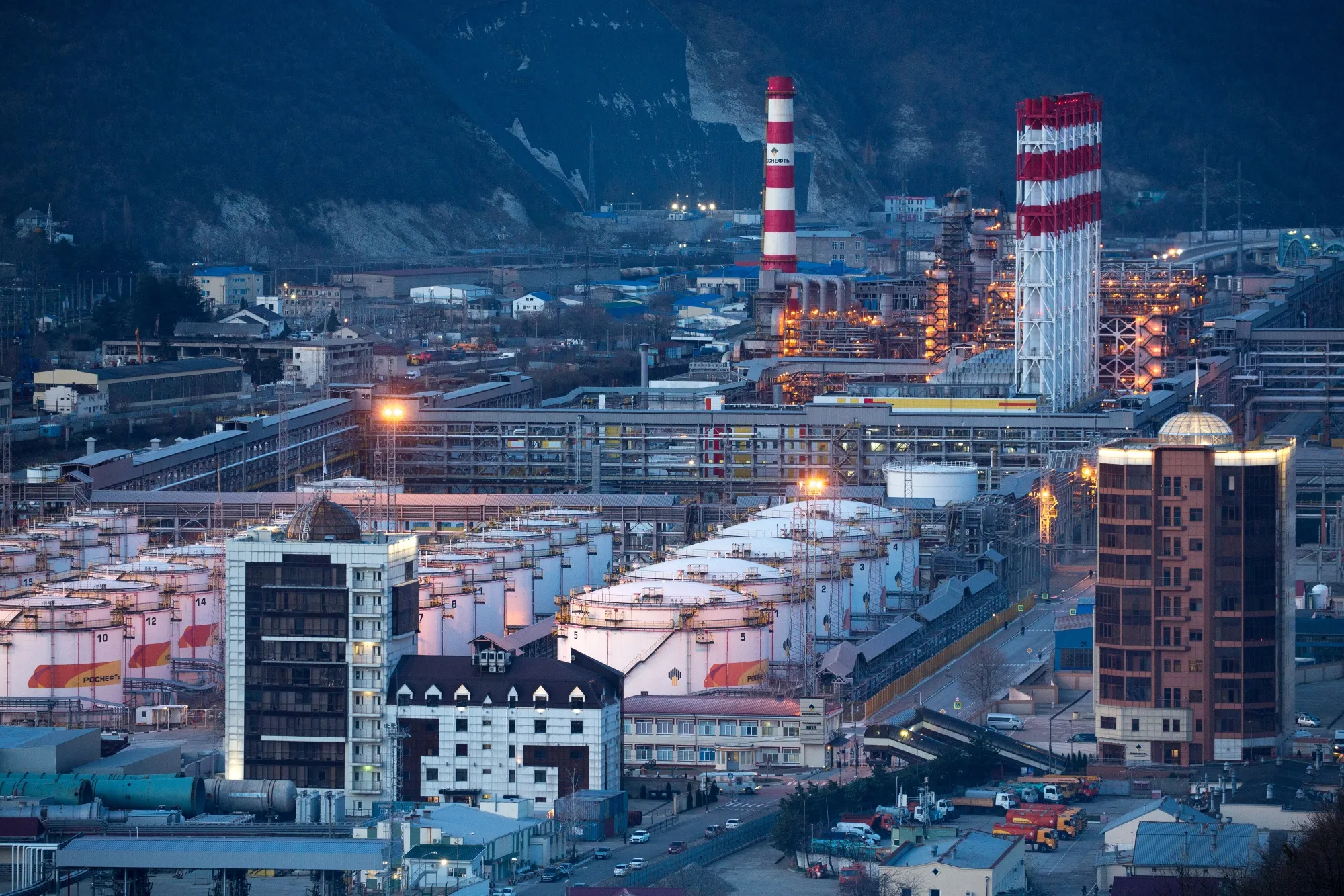 Oil storage tanks at the RN-Tuapsinsky refinery, operated by Rosneft Oil Co in Tuapse, Russia.