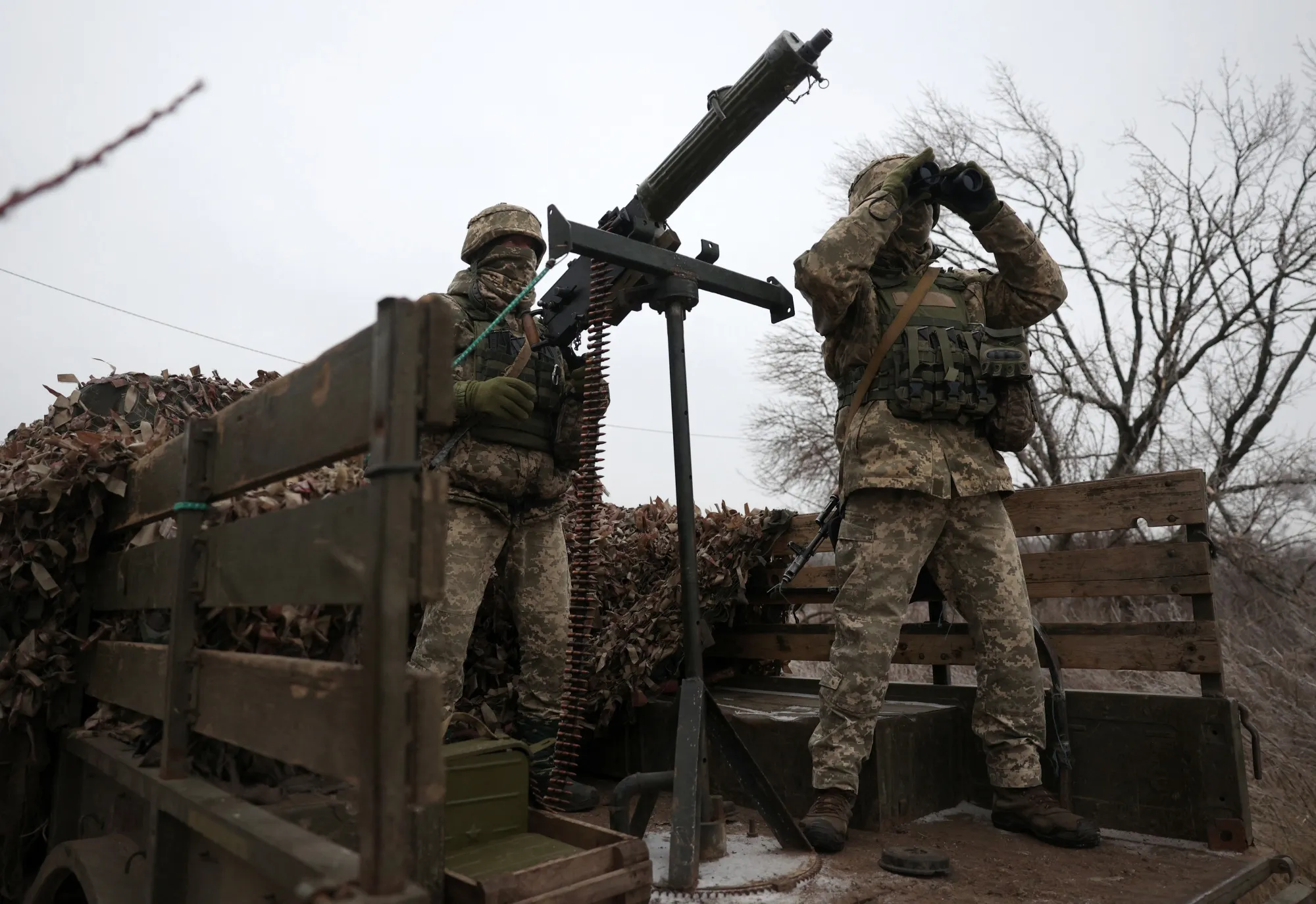 Ukrainian soldiers monitor the sky&nbsp;in the Donetsk region on Dec. 10.&nbsp;