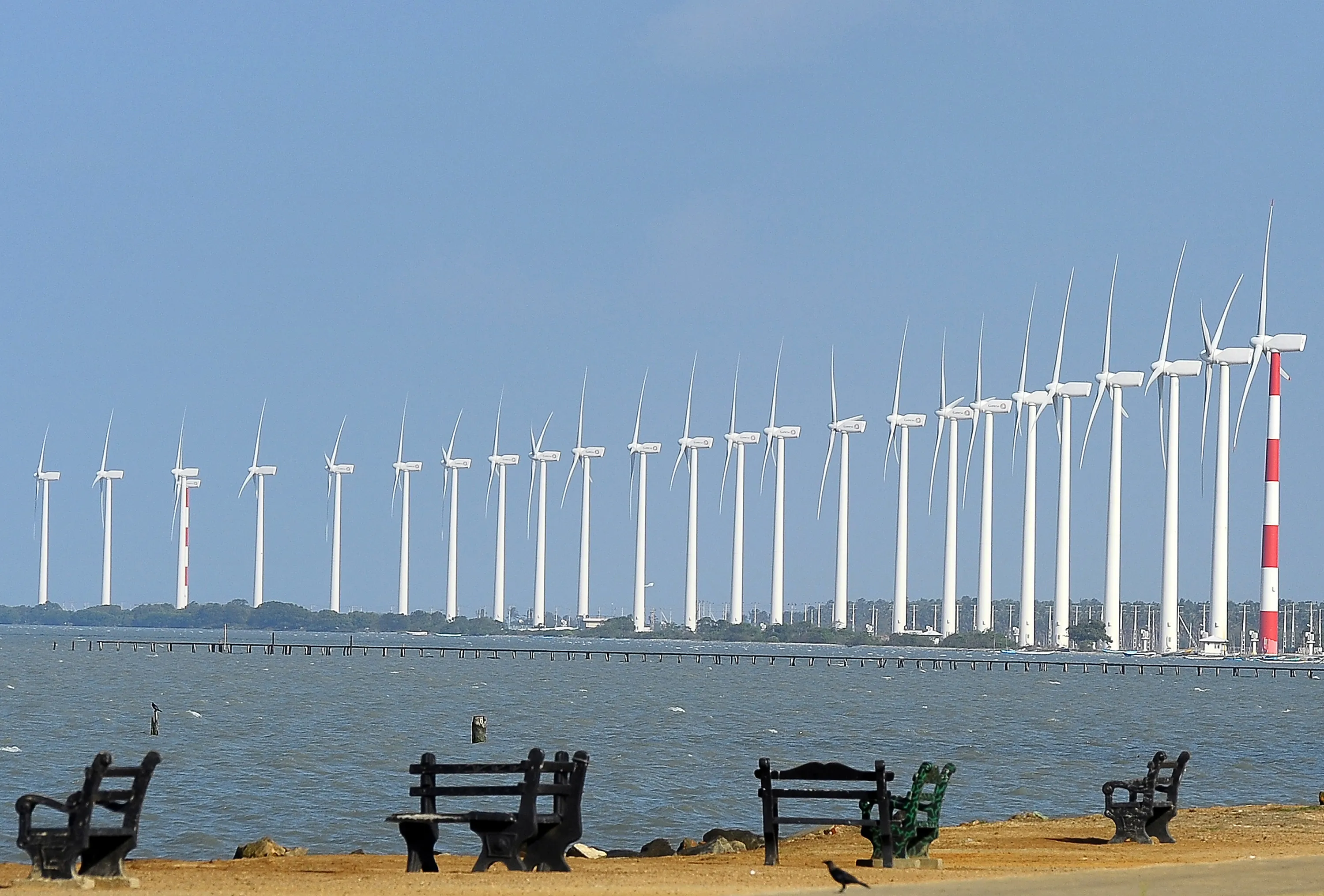 Wind turbines on the coast in Putalam, Sri Lanka.
