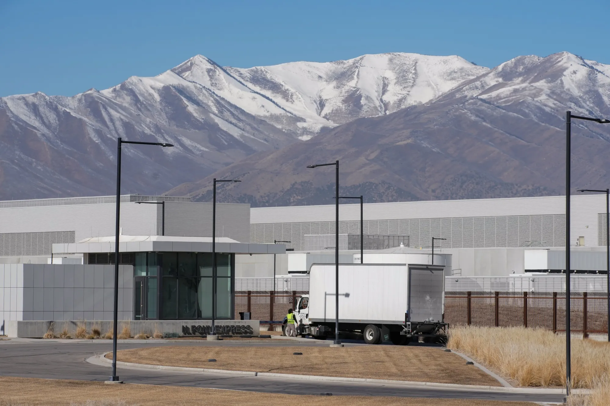 A delivery truck outside of Meta’s Eagle Mountain data center in Eagle Mountain.