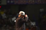 Donald Trump wears a coal miner's hardhat while addressing his supporters during a rally at the Charleston Civic Center on May 5, 2016 in Charleston, West Virginia.