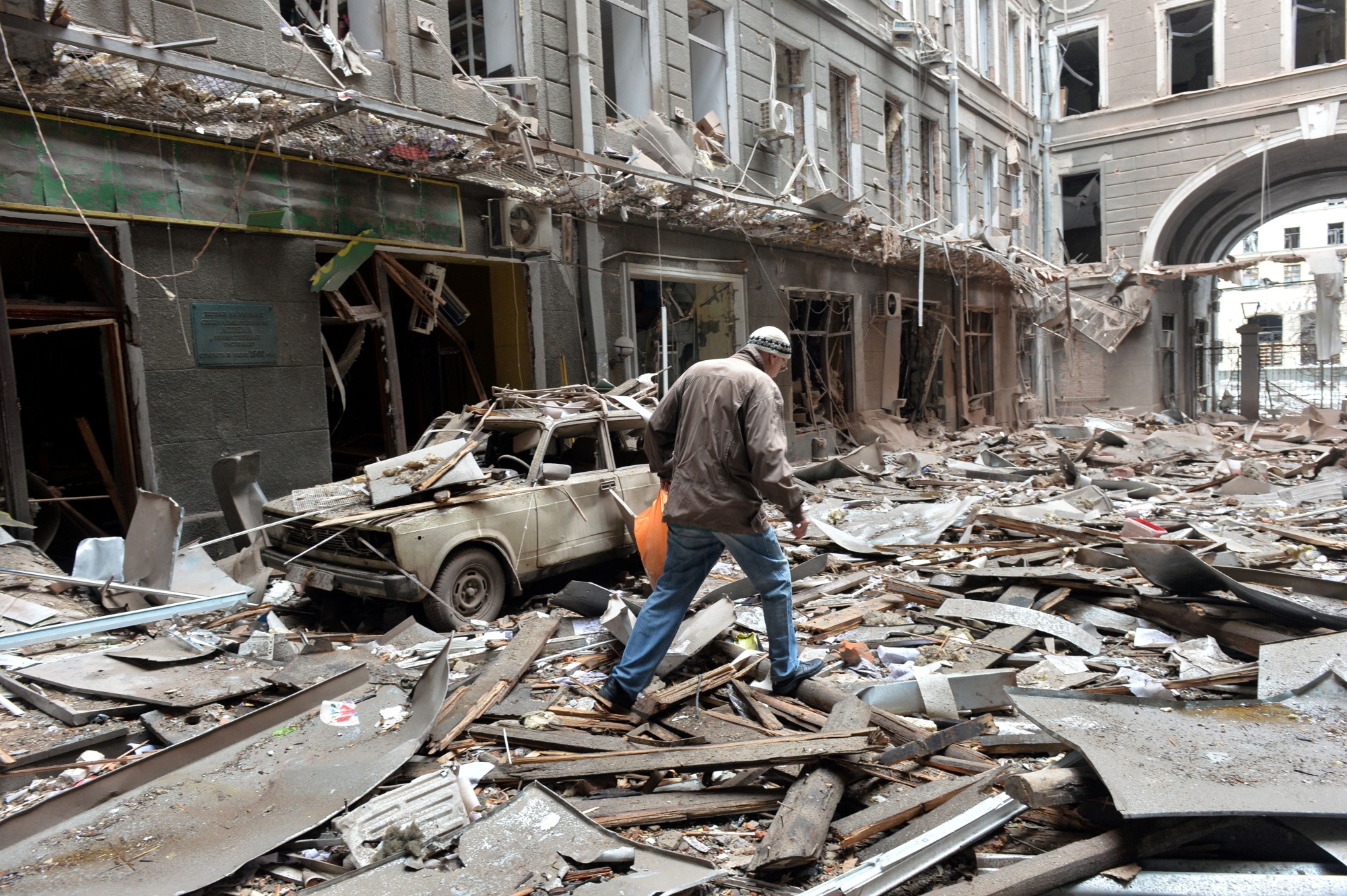 Damaged buildings following Russian shelling in Kharkiv, Ukraine, on March 3.