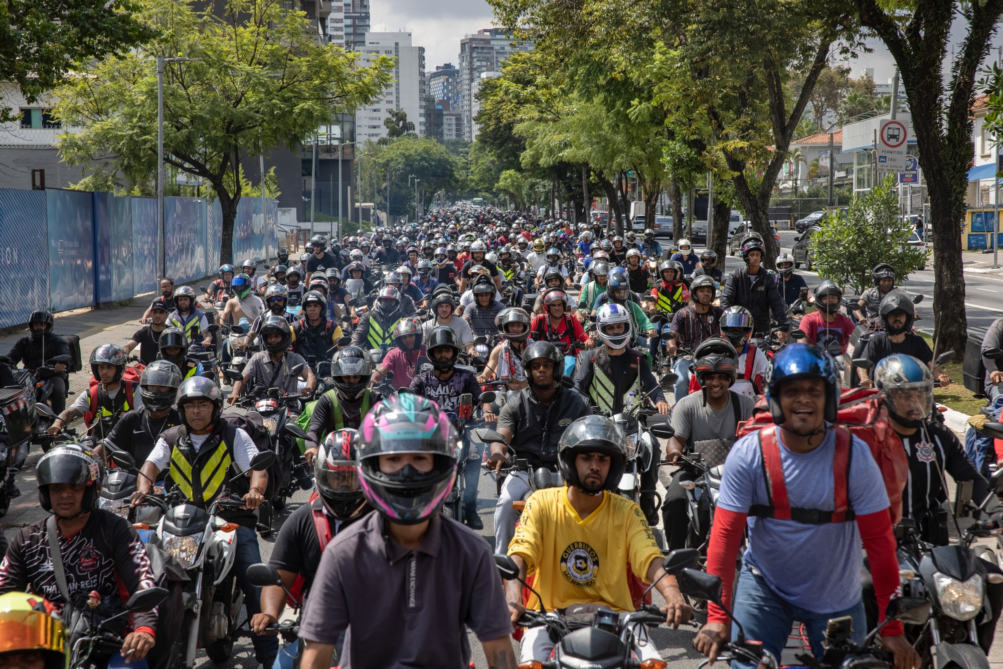 Food delivery couriers rally during a national strike in Sao Paulo, Brazil, on Monday, March 31, 2025. Food delivery app couriers are holding a national strike to demand better pay and working conditions. Photographer: Victor Moriyama/Bloomberg