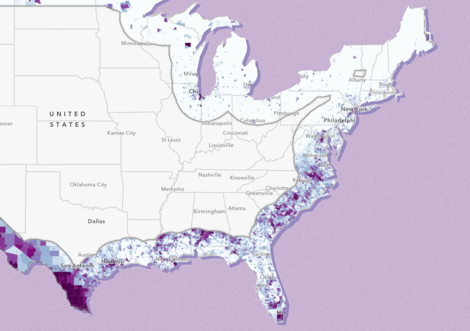 The 100-mile border zone where CBP has extended search and seizure powers, showing the share of minority population.