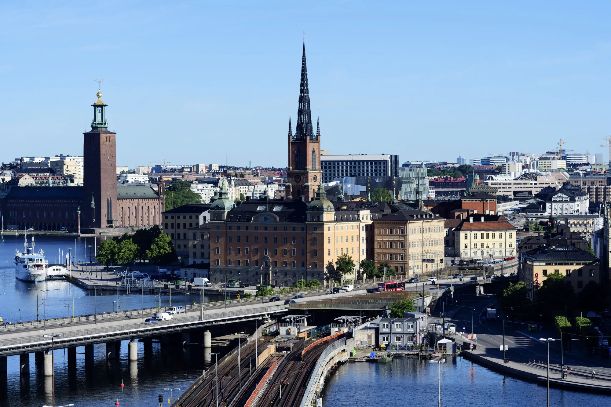 The Riddarholm church stands above other historic buildings on the Riddarholm islet in Stockholm, Sweden.