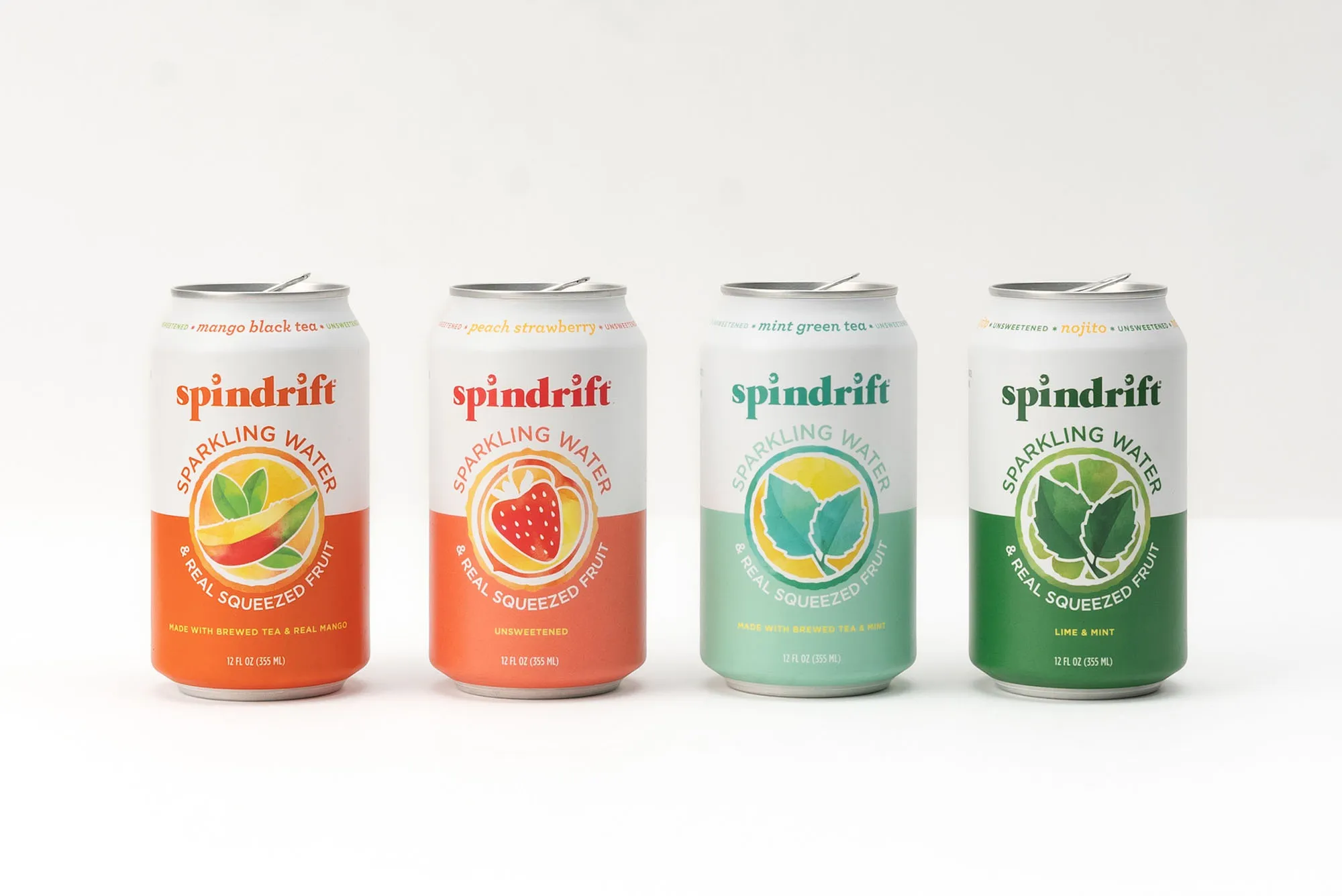 Spindrift Mango Black Tea, Peach Strawberry, Mint Green Tea, and Nojito drinks.