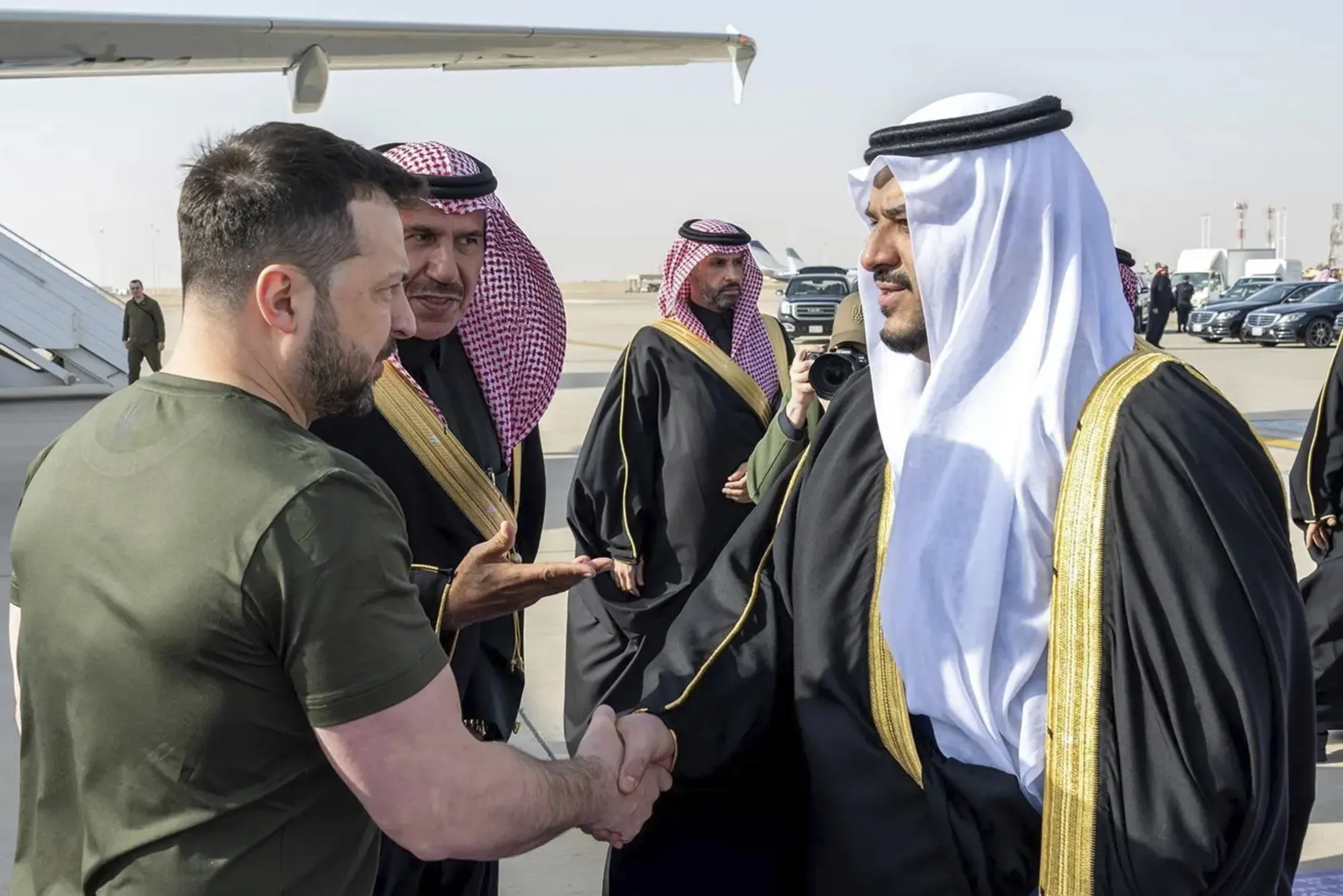 Volodymyr Zelenskiy is greeted by Prince Mohammed bin Abdulrahman bin Abdulaziz at King Khalid International Airport, in Riyadh, Saudi Arabia on Feb. 27.&nbsp;