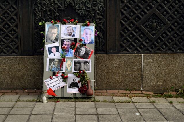 A memorial to the deceased Russian opposition leader Alexey Navalny sits directly across from the Russian consulate. 