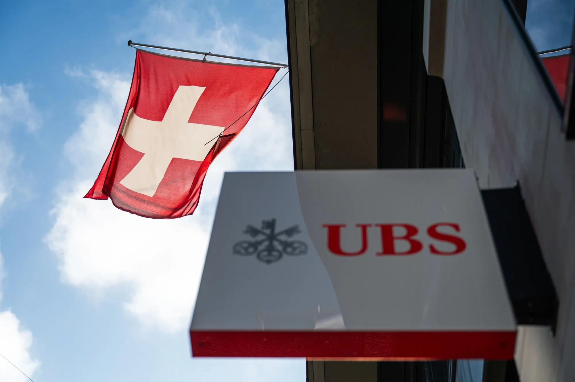 A Swiss flag near a UBS Group AG bank branch in Zurich, on April 22.