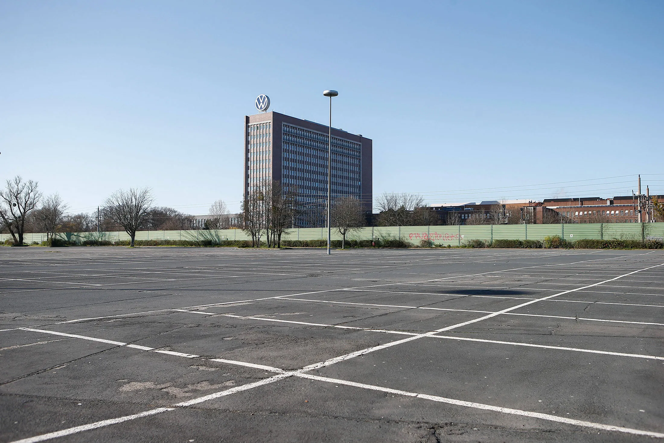 An empty parking lot at a Volkswagen plant in Wolfsburg, on March 23.