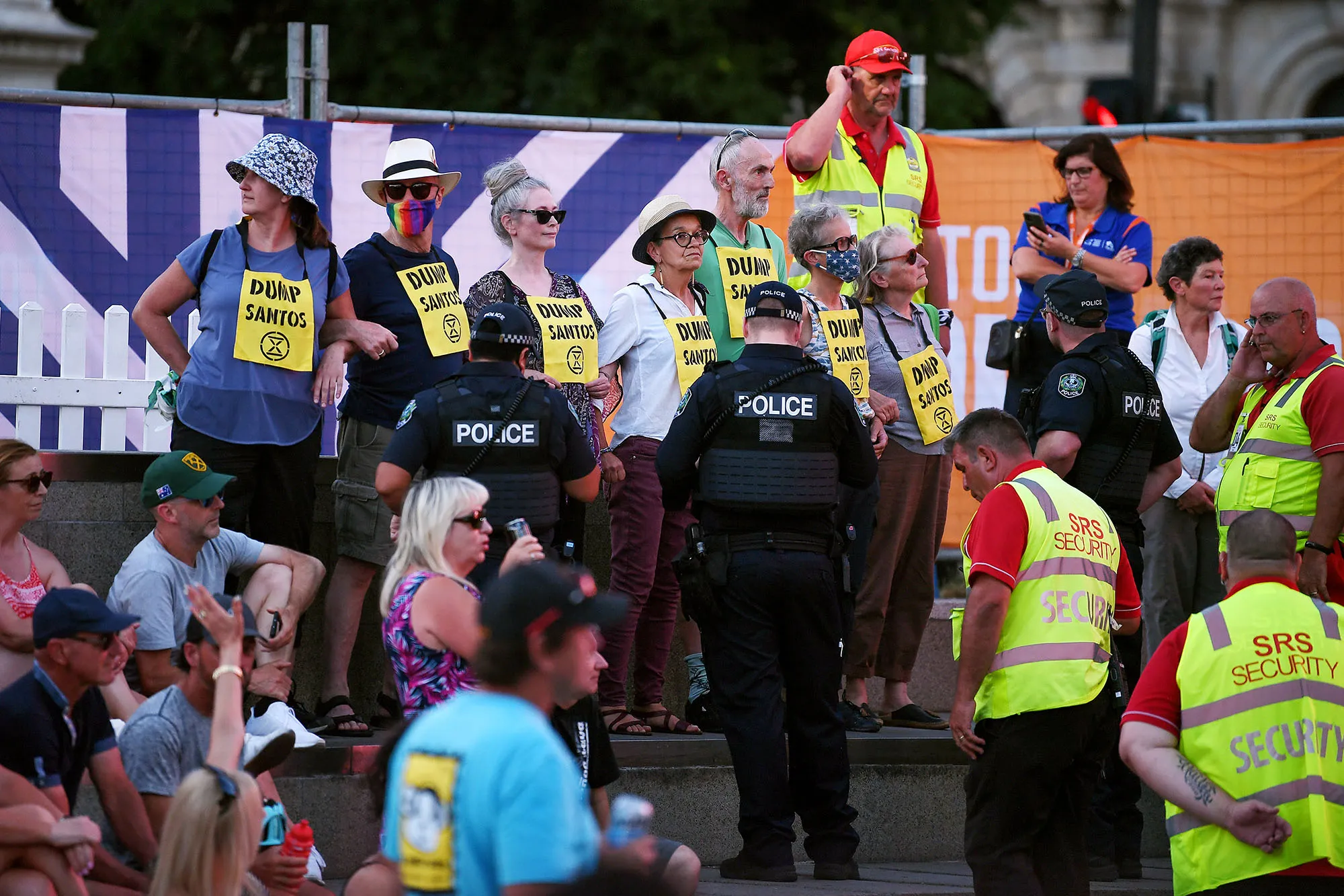 Protestors from&nbsp;Extinction Rebellion&nbsp;during the Santos Tour Down Under 2023 bicycle race&nbsp;in Adelaide, Australia, on Jan. 14.