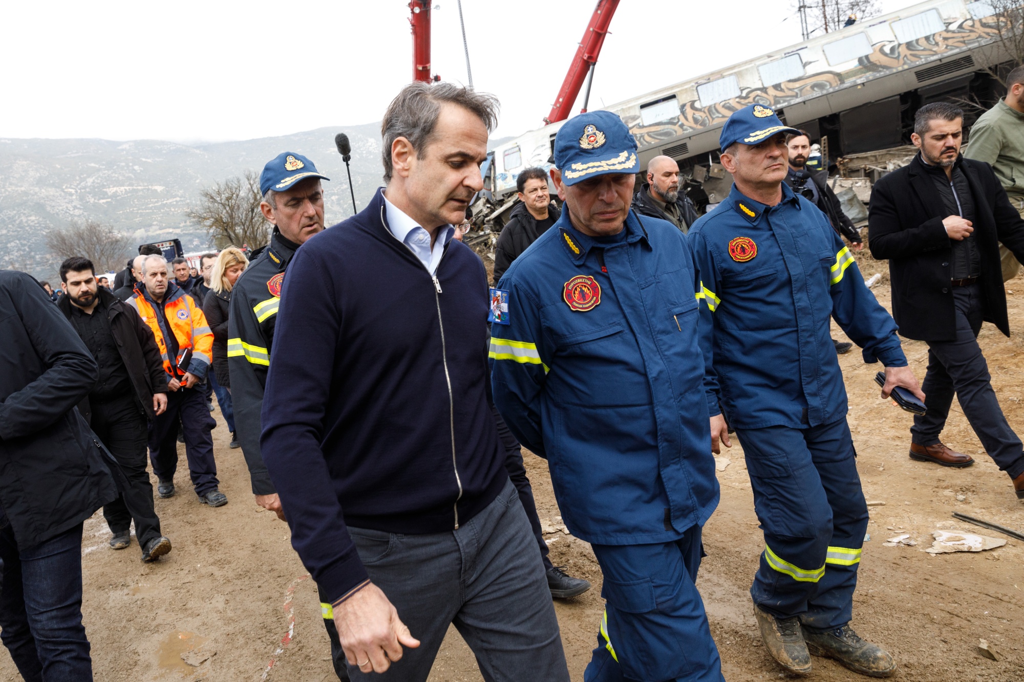 Kyriakos Mitsotakis at the site of the&nbsp;train crash in the Tempe valley near Larissa, Greece, on March 1.