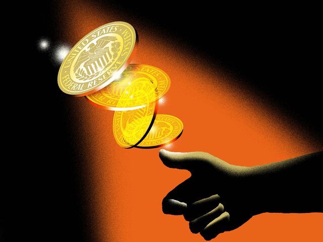 Illustration showing a hand flipping coins marked "US Federal Reserve"