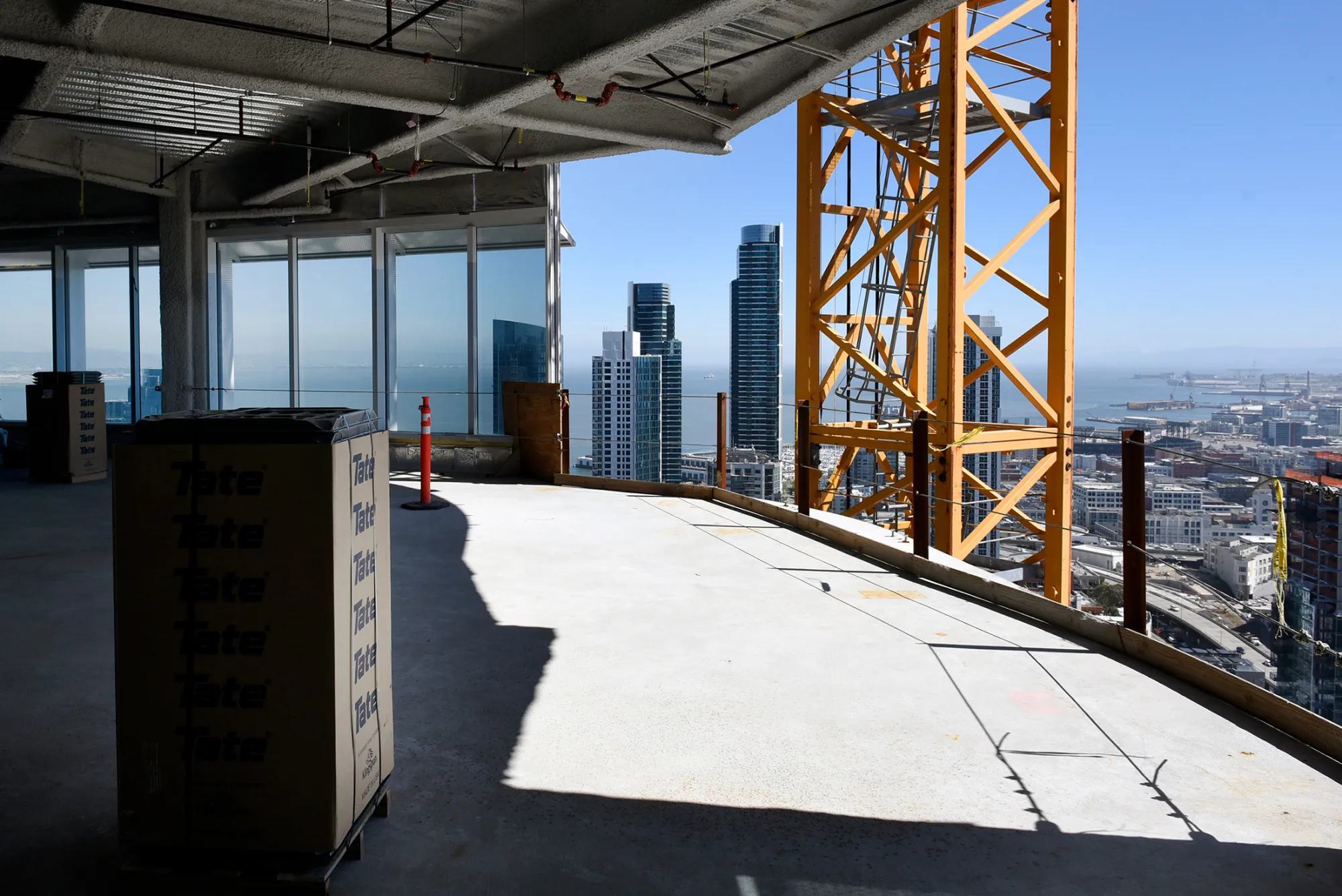 Boxes stand during construction at the Salesforce Tower in San Francisco, California, U.S., on Monday, April 3, 2017. The Salesforce Tower, officially the tallest occupiable building west of Chicago, is 61 stories high and is expected to be completed in 2017.
